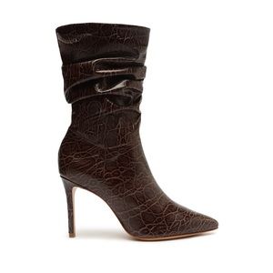 SCHUTZ Ashlee Scrunch Crocodile Texture Print Brown Sexy Heeled Stiletto Boots